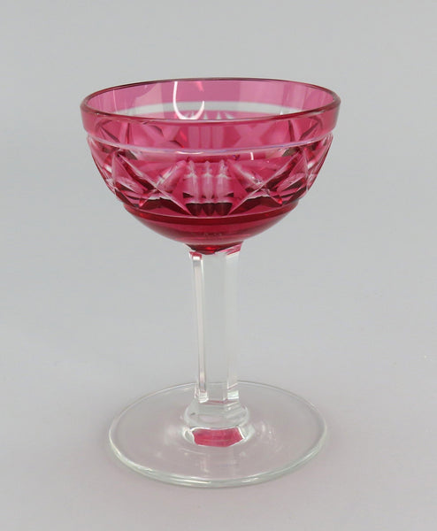 7 Gorgeous Cranberry Cut to Clear Cut Glass 1.5 fl oz Cordial Glasses 3 7/8"