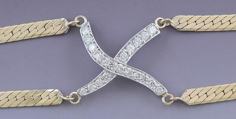 Beautifully Made 14k Gold and Brilliant Cut Diamond X Bracelet