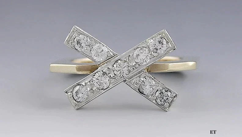 Lovely 14k Yellow Gold .50ct Diamond X Ring Size 5.25 Platinum Setting