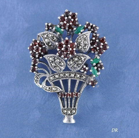 Sterling Garnet Marcasite Chrysoprase Rose Bouquet Pin