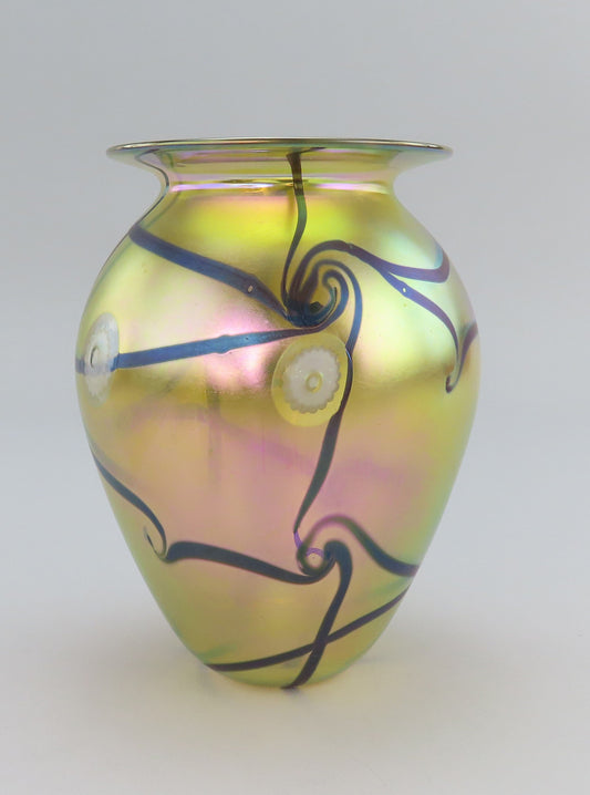 Artisan Iridescent Hand Blown Glass Vase 1999 Gold w/ Cane Swirls