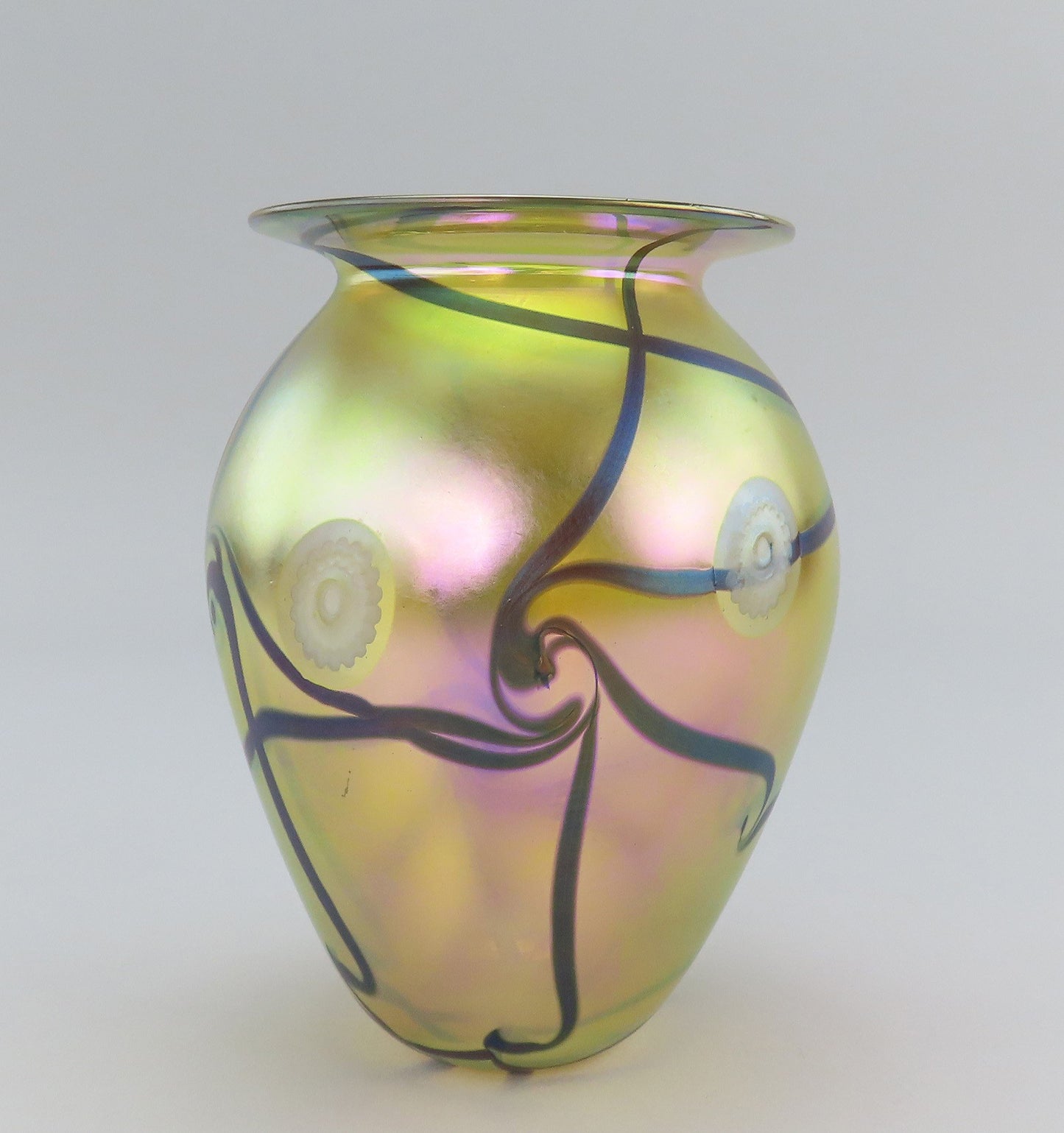Artisan Iridescent Hand Blown Glass Vase 1999 Gold w/ Cane Swirls