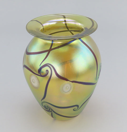 Artisan Iridescent Hand Blown Glass Vase 1999 Gold w/ Cane Swirls