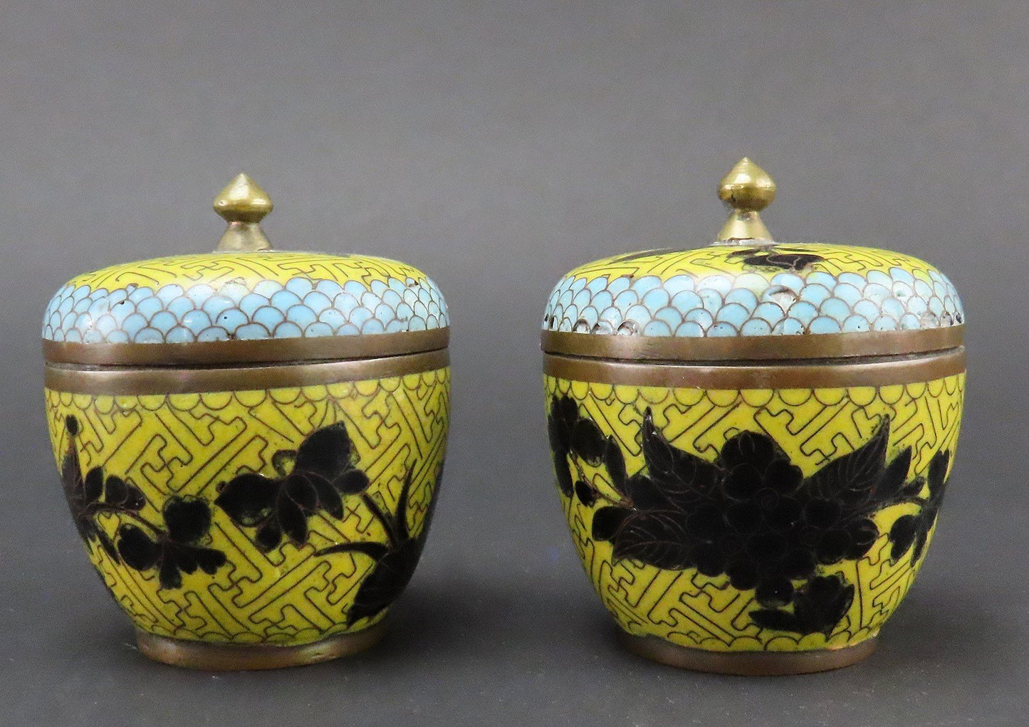 Neat Antique Chinese Cloisonné Small Jars Yellow Enamel 3 Inches