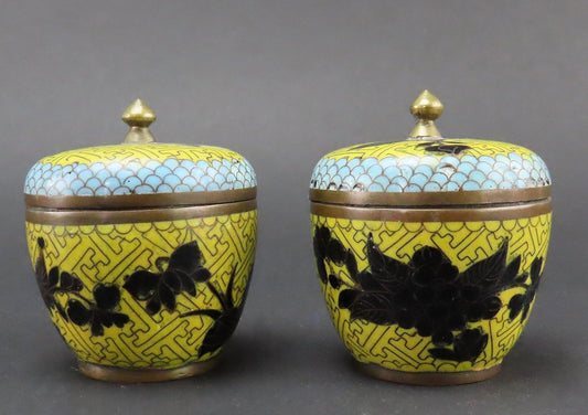 Neat Antique Chinese Cloisonné Small Jars Yellow Enamel 3 Inches
