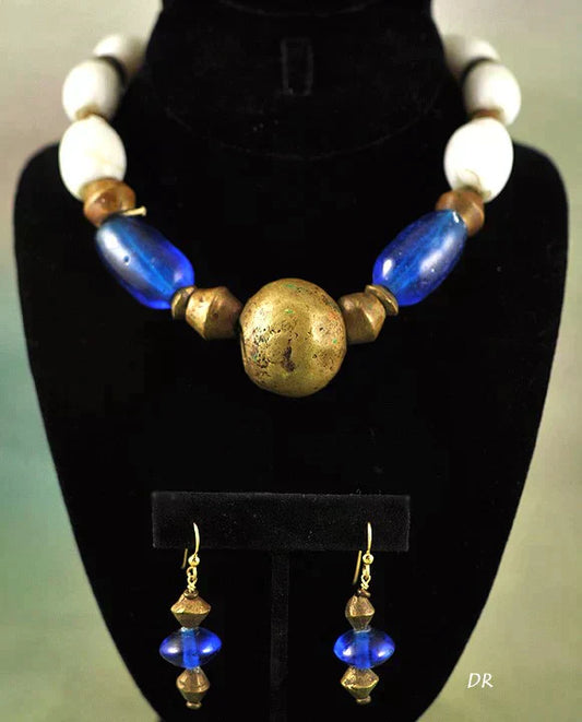 Vintage Large Brass Blue Glass Necklace and Earrings Set