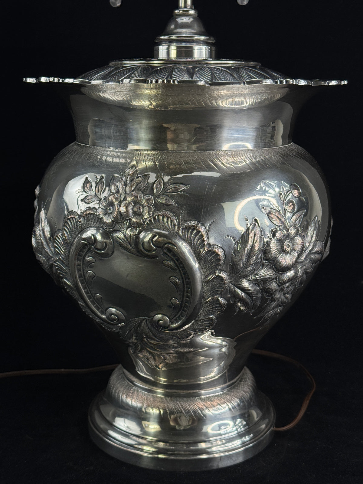 Antique Silver Plate Floral Hand Chased Vase Lamp