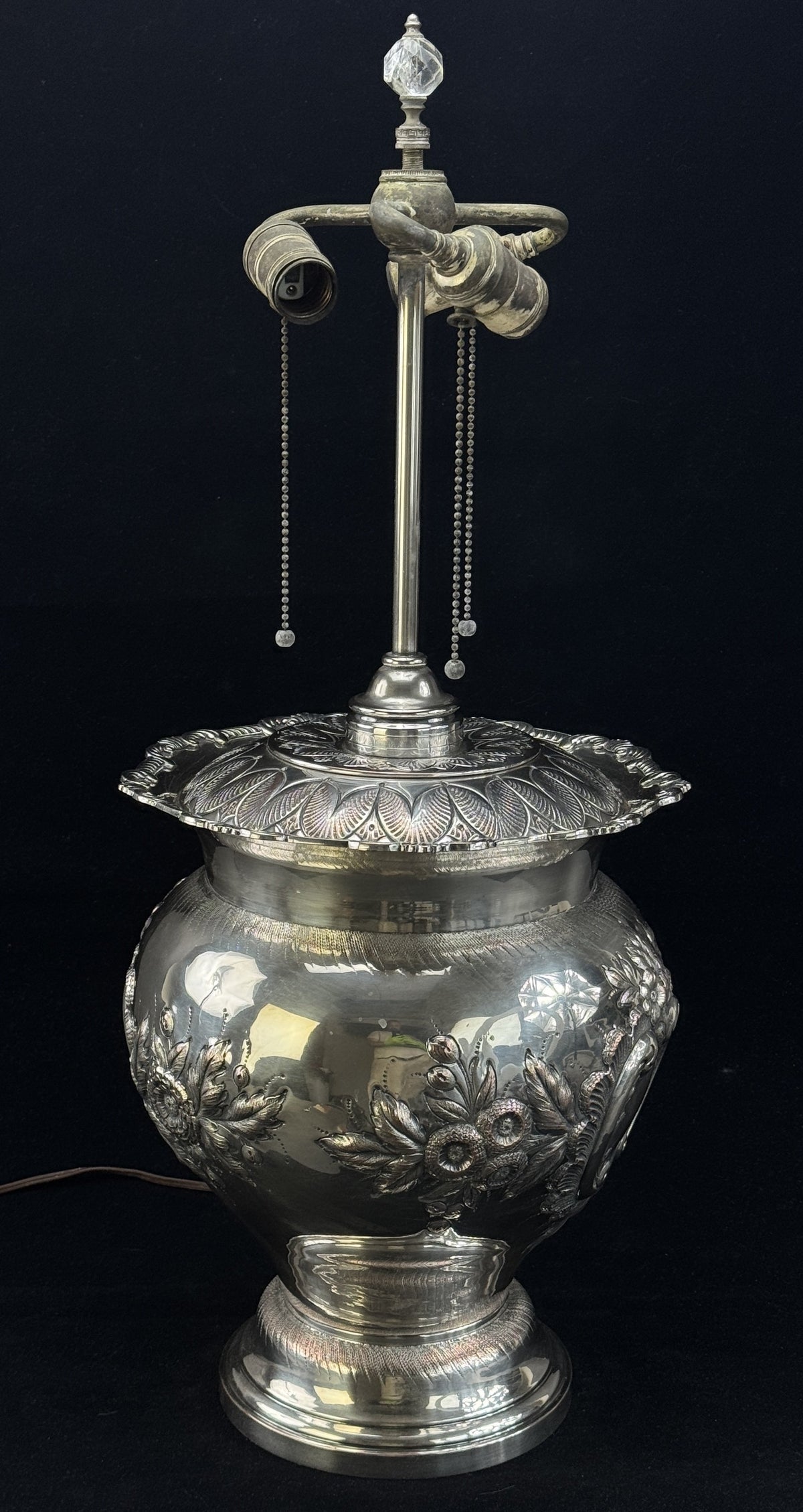 Antique Silver Plate Floral Hand Chased Vase Lamp