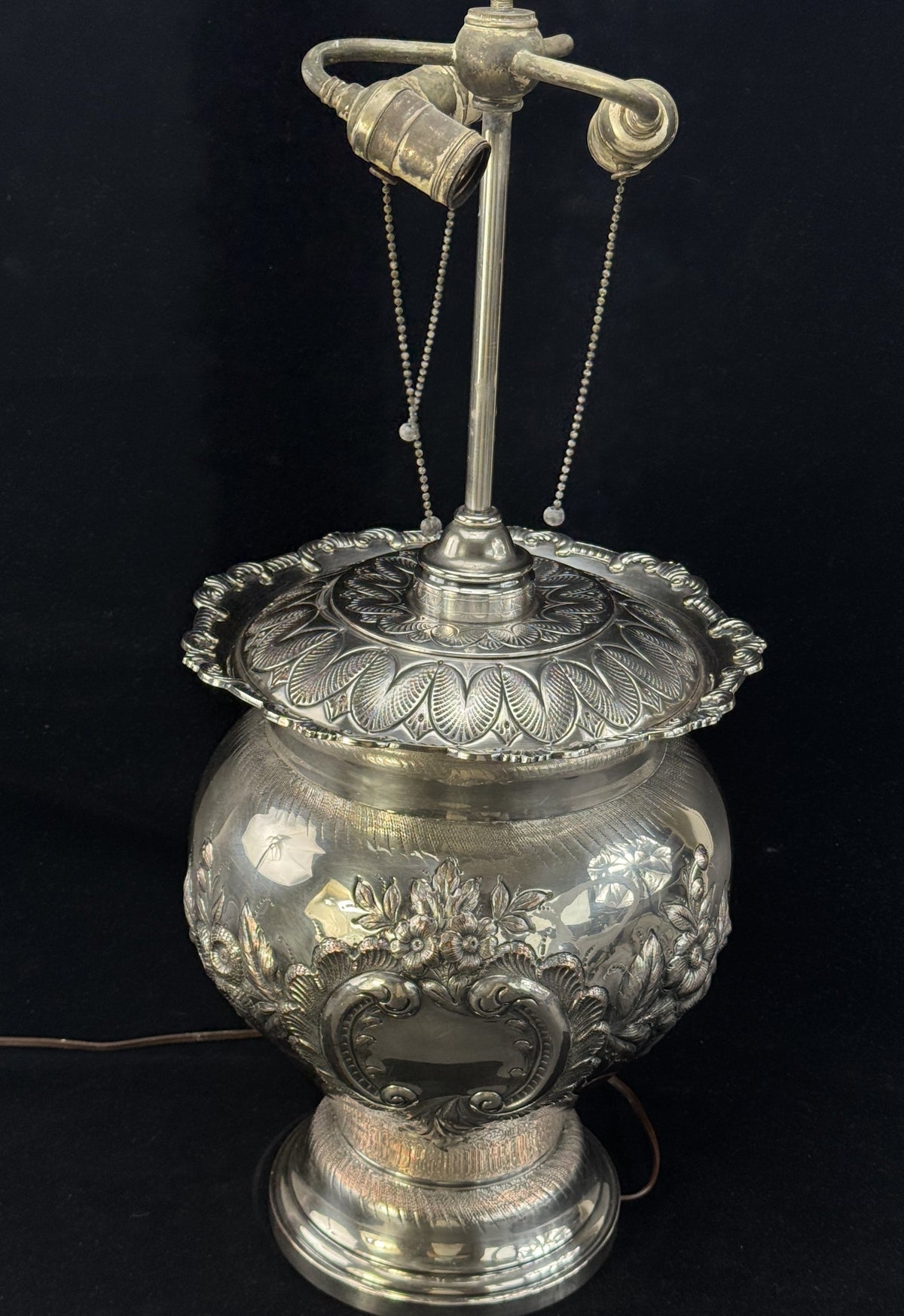 Antique Silver Plate Floral Hand Chased Vase Lamp