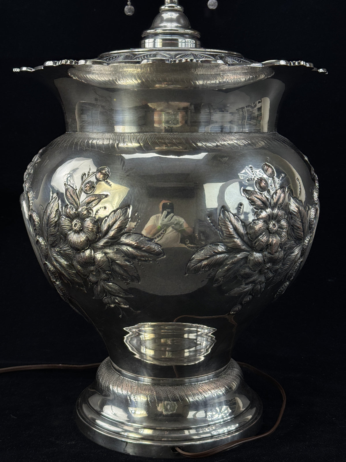 Antique Silver Plate Floral Hand Chased Vase Lamp