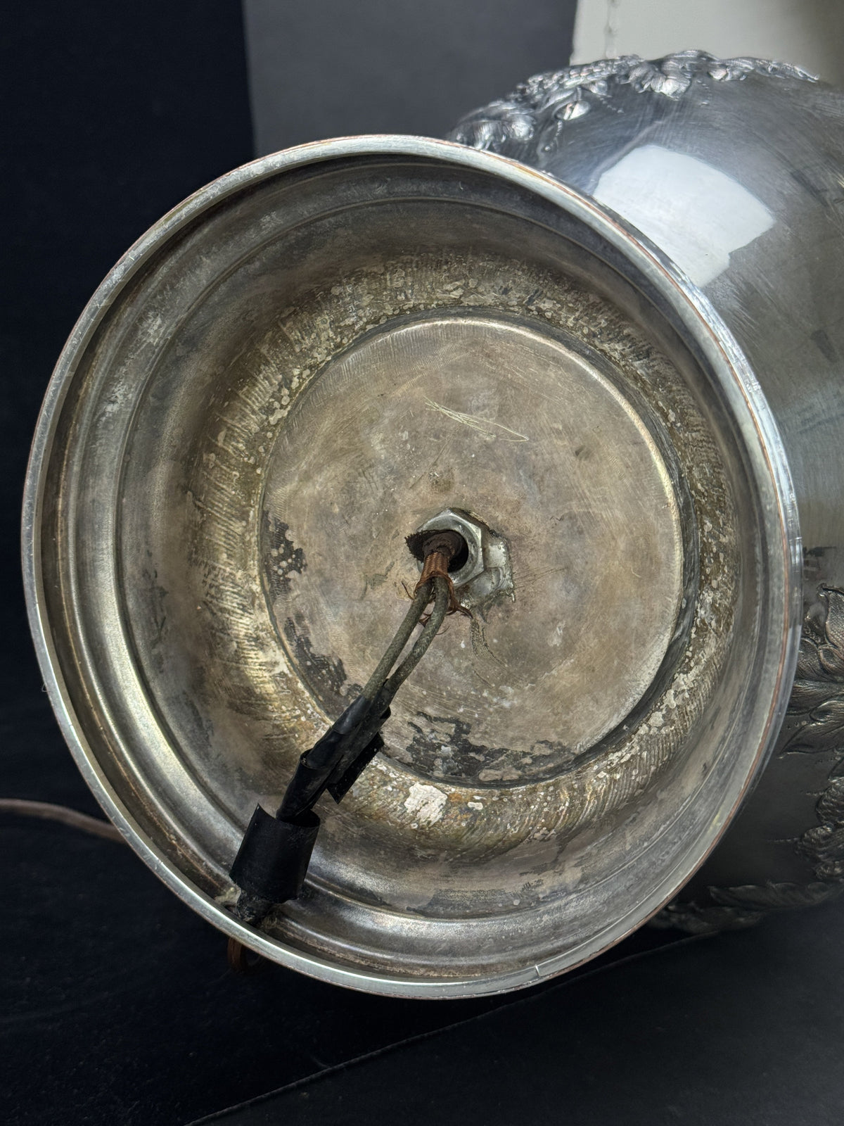 Antique Silver Plate Floral Hand Chased Vase Lamp