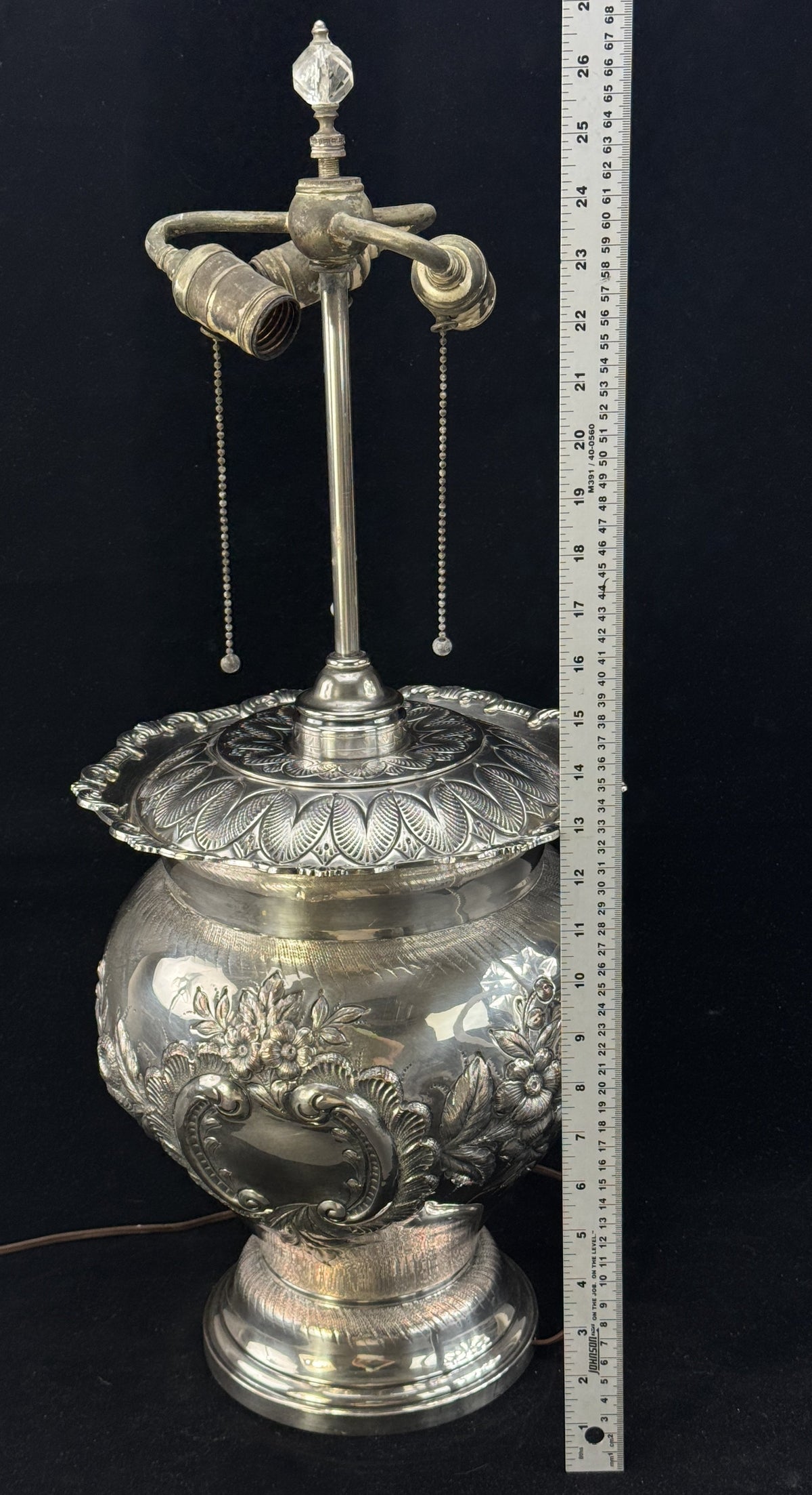 Antique Silver Plate Floral Hand Chased Vase Lamp