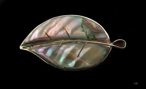 Iridescent Sterling Silver Mexican Abalone Shell Leaf Brooch Pin