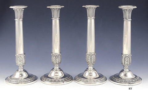 4 Antique c1850 German or Austrian Silver Acanthus Leaf Column Candlesticks