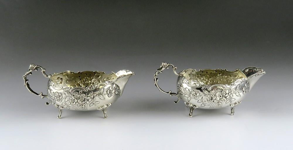 Charming Pair Silver Hanau German Gravy Sauce Boats Basket Flowers Cherub Design