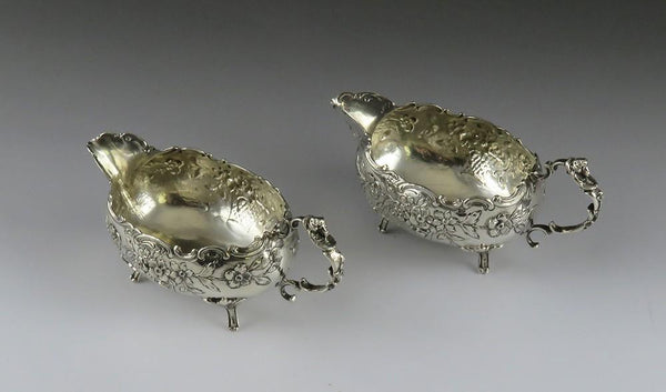 Charming Pair Silver Hanau German Gravy Sauce Boats Basket Flowers Cherub Design