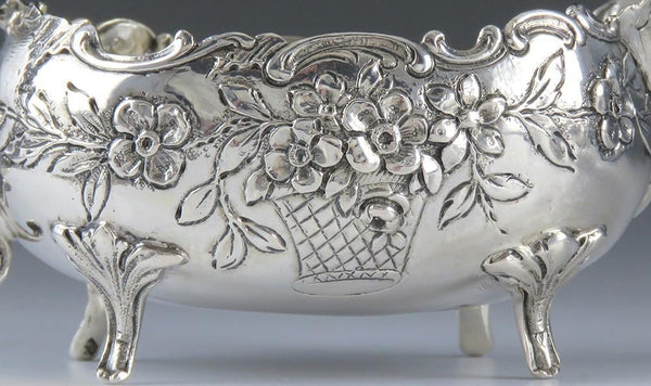 Charming Pair Silver Hanau German Gravy Sauce Boats Basket Flowers Cherub Design