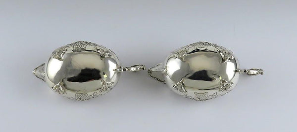 Charming Pair Silver Hanau German Gravy Sauce Boats Basket Flowers Cherub Design