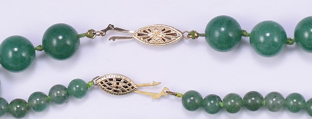 2 Green Aventurine Quartz Necklaces w/ Filigree Clasps (1 is 14k Yellow Gold)