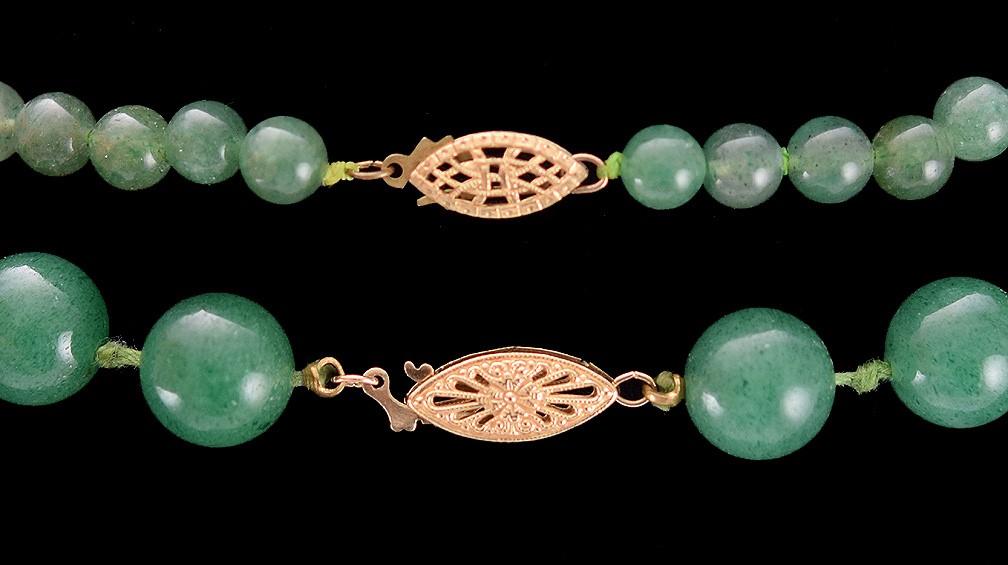2 Green Aventurine Quartz Necklaces w/ Filigree Clasps (1 is 14k Yellow Gold)