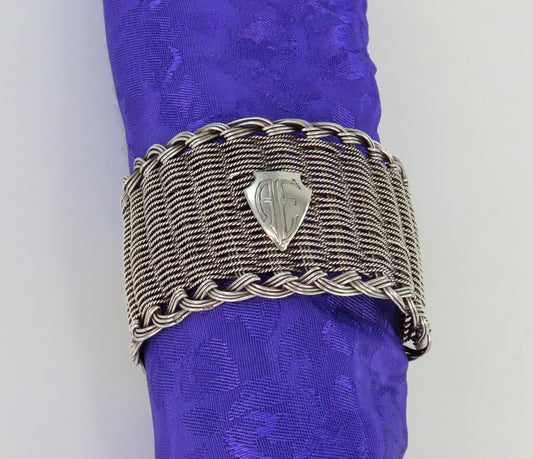 Nice Woven Silver Wire Antique Napkin Ring Late 1800s Shield Front