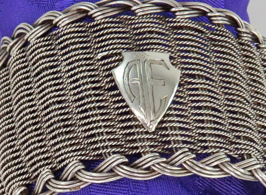 Nice Woven Silver Wire Antique Napkin Ring Late 1800s Shield Front