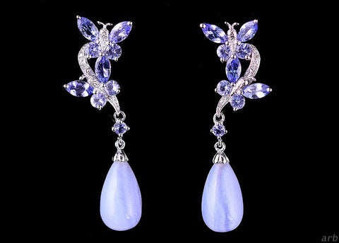 Exquisite Sterling Silver Purple Agate Crystal Gemstone Butterfly Drop Earrings