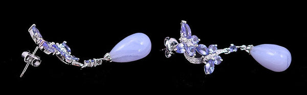 Exquisite Sterling Silver Purple Agate Crystal Gemstone Butterfly Drop Earrings