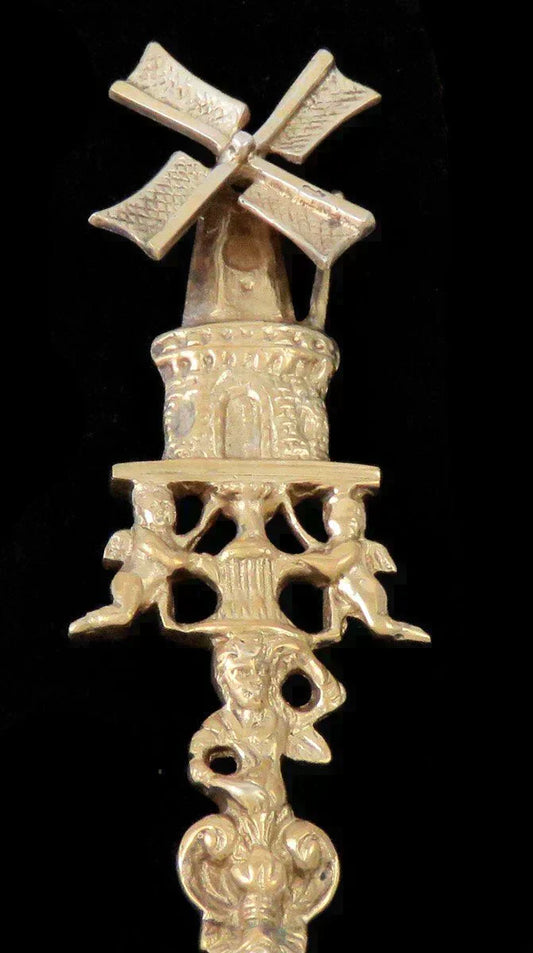 Antique 1911 Gilded Dutch Silver Rembrant's Night Watch Windmill Serving Spoon