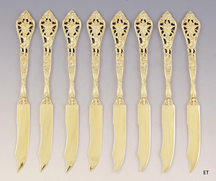 c1900 Superb set 8 Gilt Sterling Silver Cupid Motif Fruit Knives