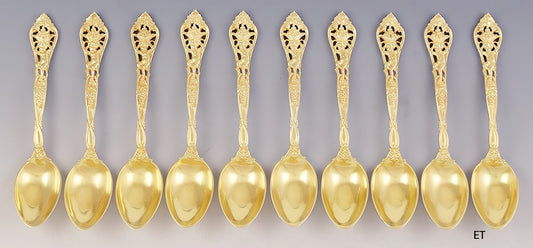 Superb set 10 Gilt Sterling Silver Cupid Motif Fruit/Dessert/Oval Soup Spoons