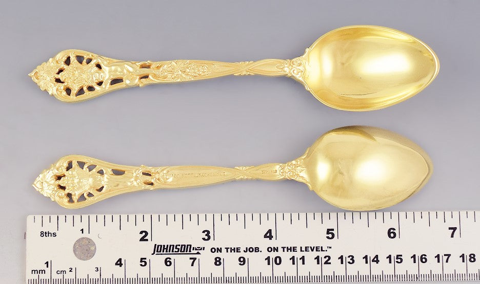 Superb set 10 Gilt Sterling Silver Cupid Motif Fruit/Dessert/Oval Soup Spoons