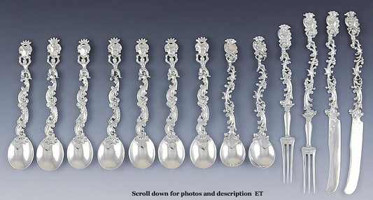 13 Antique Art Nouveau German 800 Silver Flatware Spoons Forks Knives