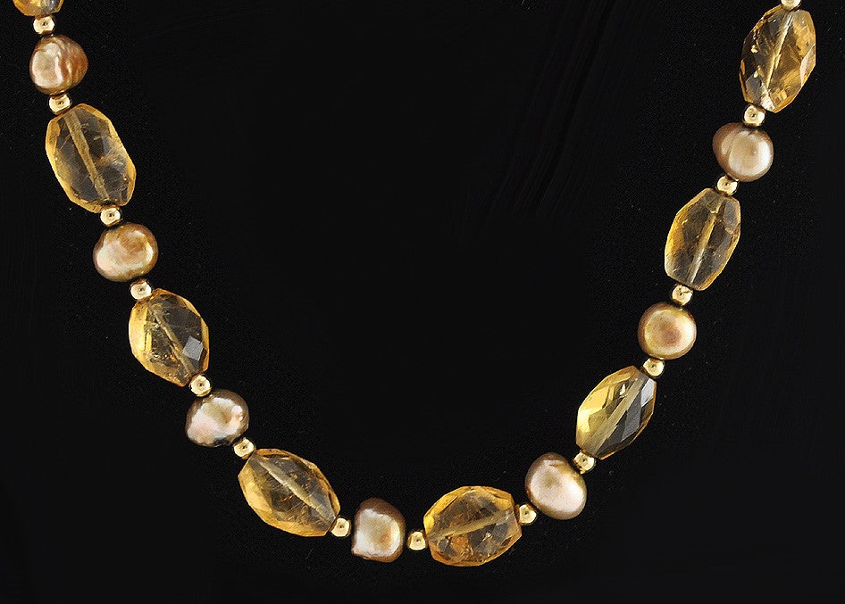 Wonderful Yellow Quartz Freshwater Pearl 14k Gold Necklace Beaded Faceted