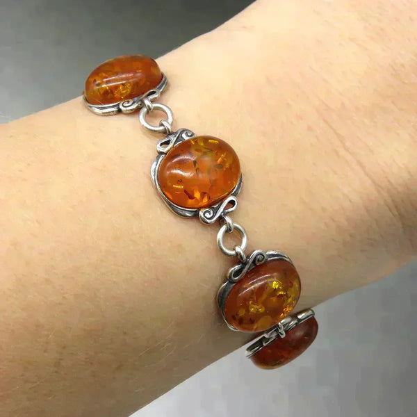 Vintage Artisan Sterling Silver Natural Amber Cabochon Link Bracelet