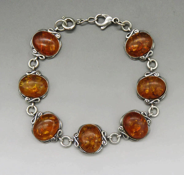 Vintage Artisan Sterling Silver Natural Amber Cabochon Link Bracelet