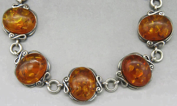 Vintage Artisan Sterling Silver Natural Amber Cabochon Link Bracelet