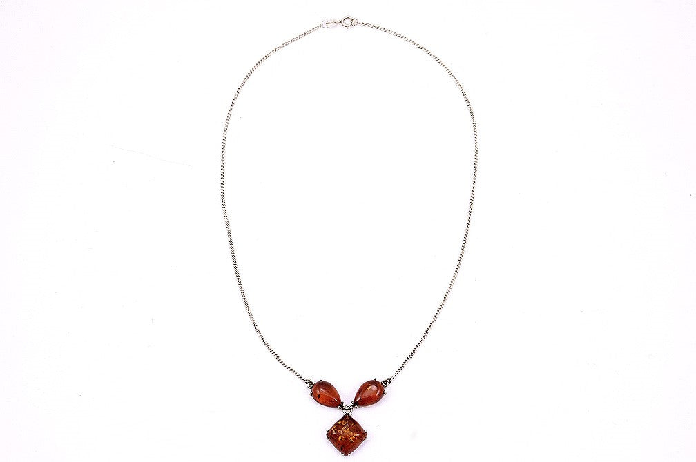 Lovely Vintage Sterling Silver and Genuine Amber Lavalier Style Necklace 17.75"