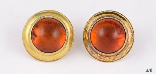 Pair of Vintage Gilded Sterling Silver and Amber Stone Round Pierced Earrings