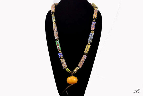 Gorgeous Late 1800s Italian Millefiori Style Color African Trade Beads Necklace