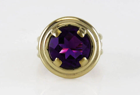 Vintage Retro Deco Style 14K Yellow Gold 4.25 CT Amethyst Gemstone Ring