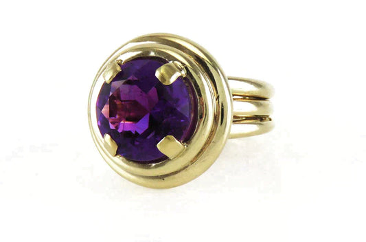 Vintage Retro Deco Style 14K Yellow Gold 4.25 CT Amethyst Gemstone Ring
