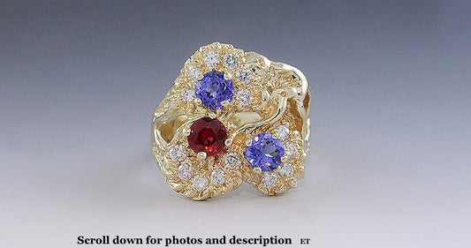 Beautiful 14K Gold Ruby Blue Tanzanite & Diamond Large Ring