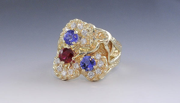 Beautiful 14K Gold Ruby Blue Tanzanite & Diamond Large Ring