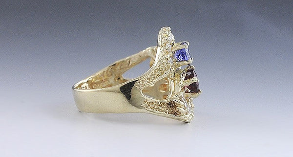 Beautiful 14K Gold Ruby Blue Tanzanite & Diamond Large Ring