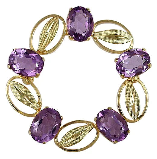 Quality Classic Vandel 14k Yellow Gold Amethyst Circle Leaf Wreath Pin Brooch