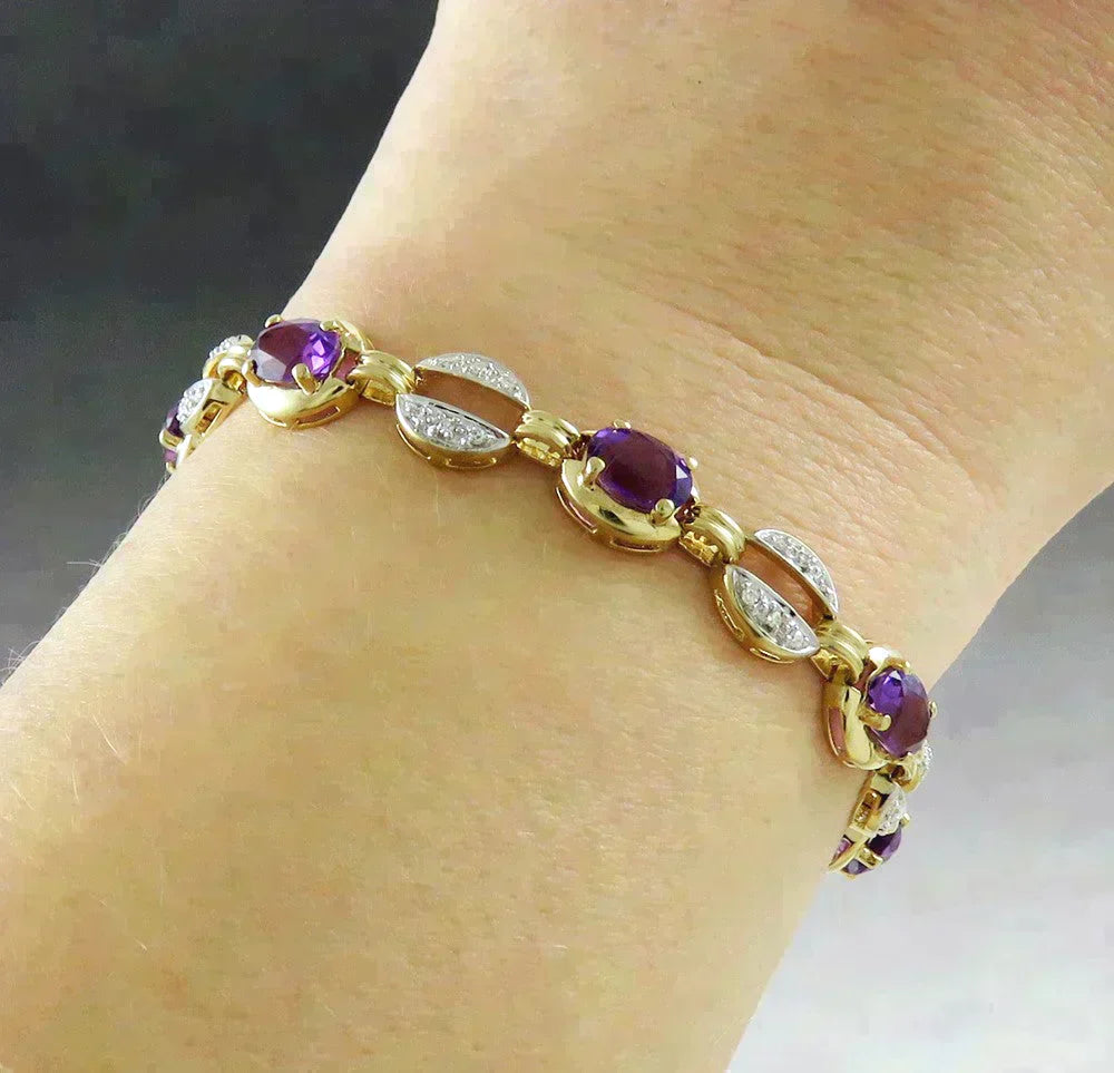 Fine Quality 14K Yellow Gold Natural Diamond Amethyst Gemstone Link Bracelet