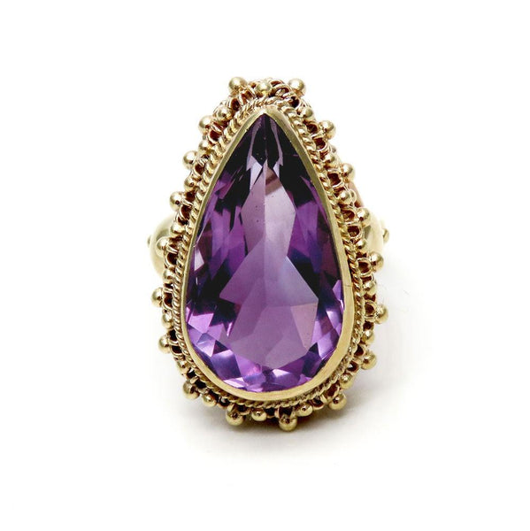 Gorgeous Retro 14k Yellow Gold ~8.75ct Purple Amethyst Teardrop Gemstone Ring