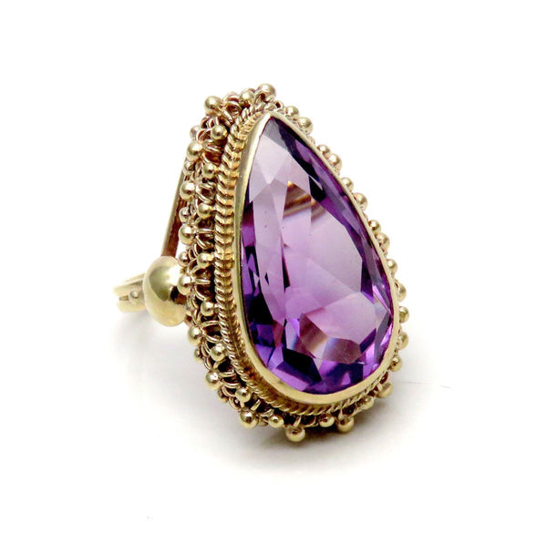 Gorgeous Retro 14k Yellow Gold ~8.75ct Purple Amethyst Teardrop Gemstone Ring