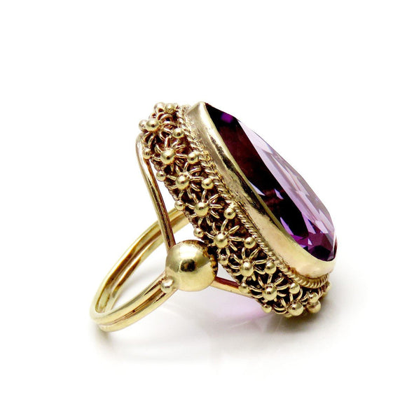 Gorgeous Retro 14k Yellow Gold ~8.75ct Purple Amethyst Teardrop Gemstone Ring